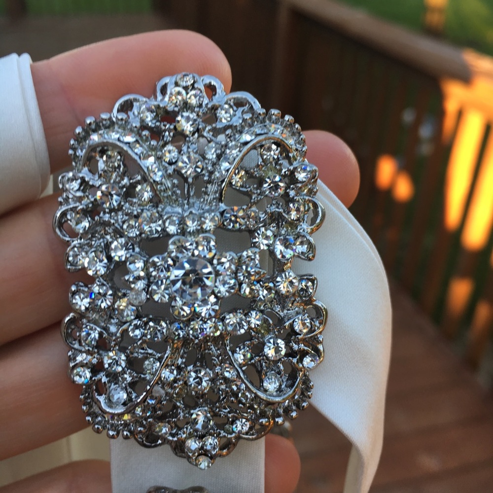 Wedding sash metal jewel satin ivory fabric